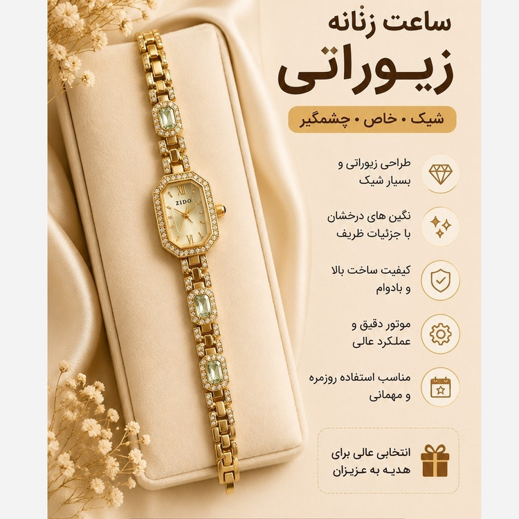 ساعت زنانه نگین دار طلایی مدل zido درخشنده فلزی